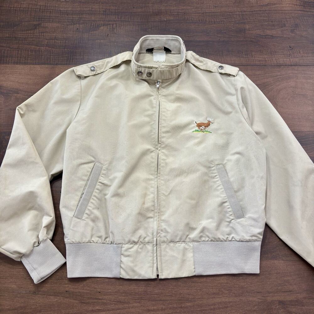 Sportsmaster Members Utility Bomber Jacket USA Vintage Beige Sz Large Deer Logo